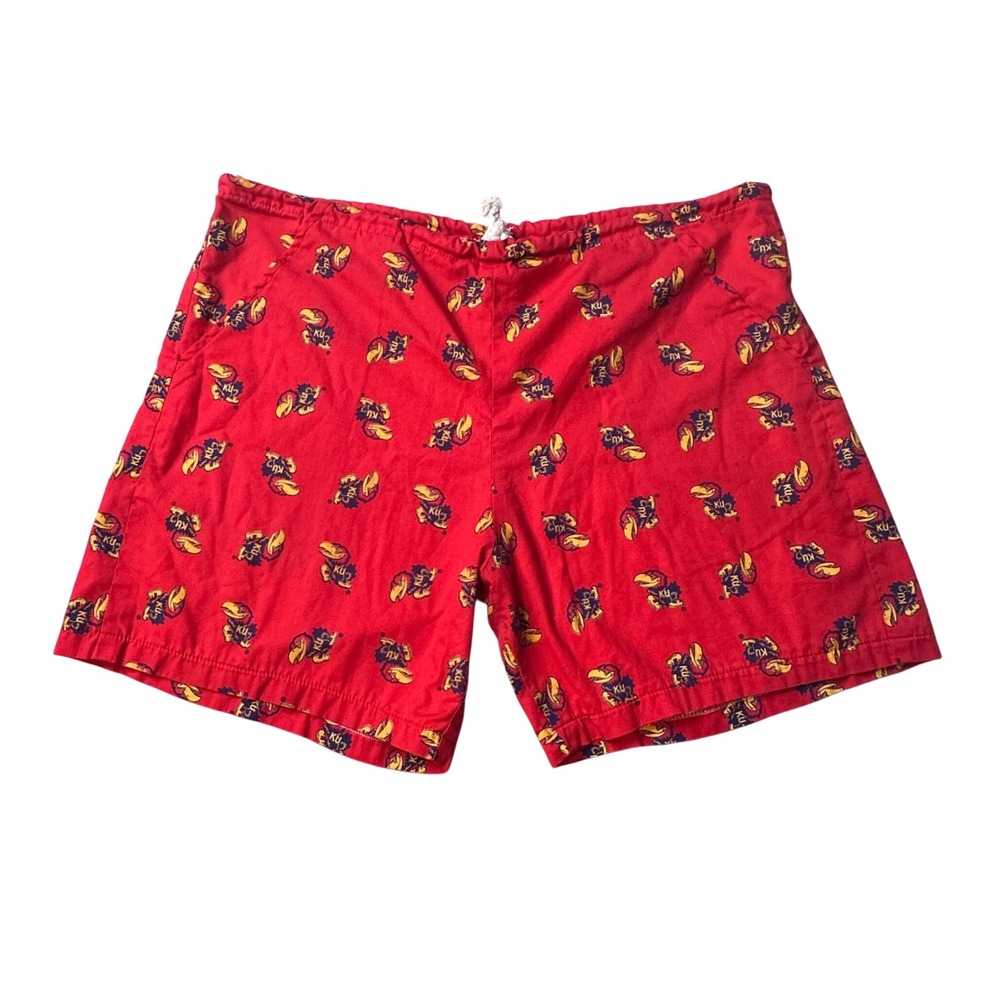 Vintage Kansas Jayhawks J&M Sportswear Shorts Mens L Red KU Mascot All Over 90s